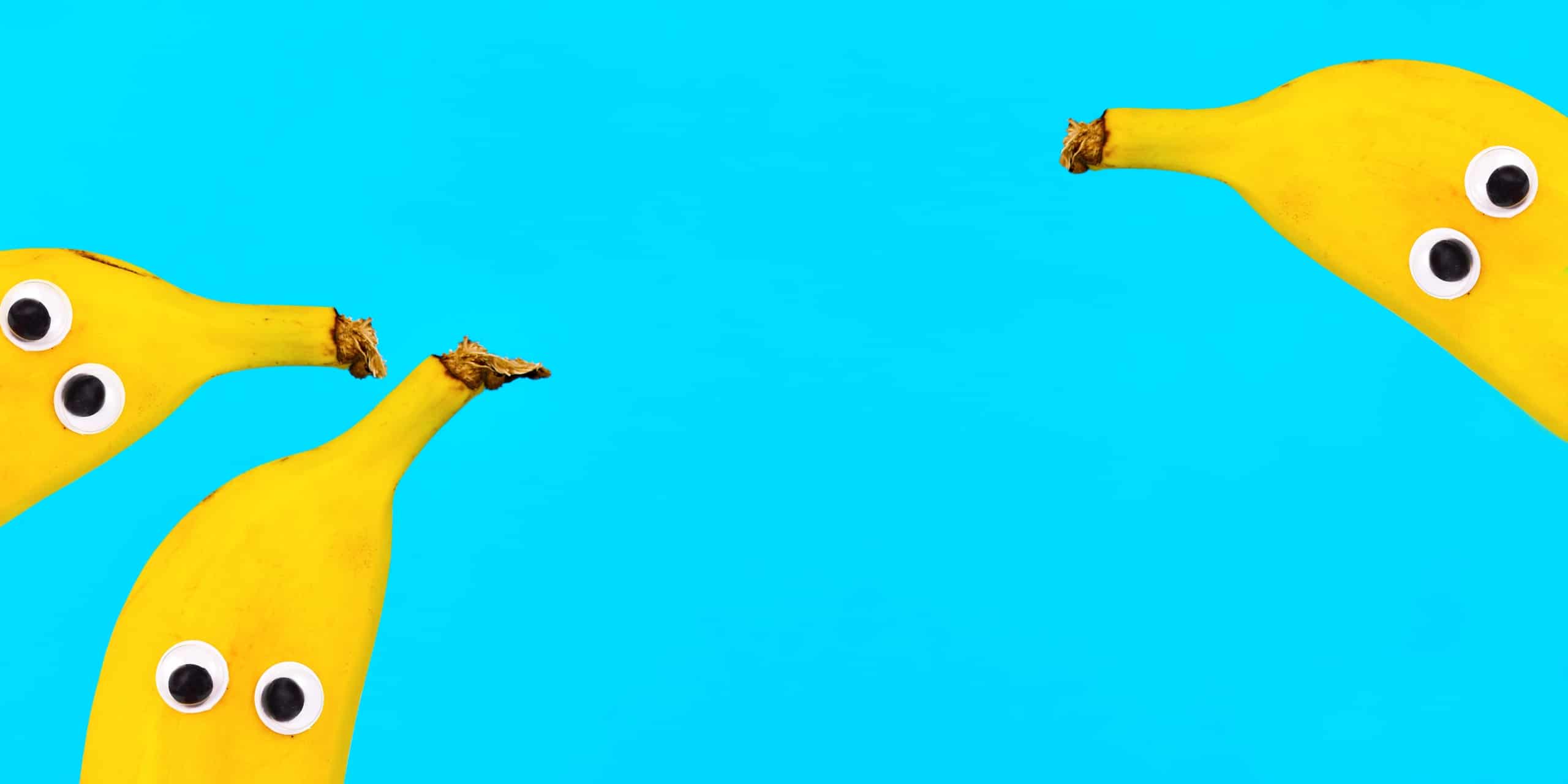 Banner with banana fruits with funny googly eyes on bright blue background with copy space LLS - The Six Eyes Principle